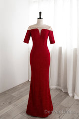 Red Mermaid Round Neckline Short Sleeves Party Dress, Red Evening Gown