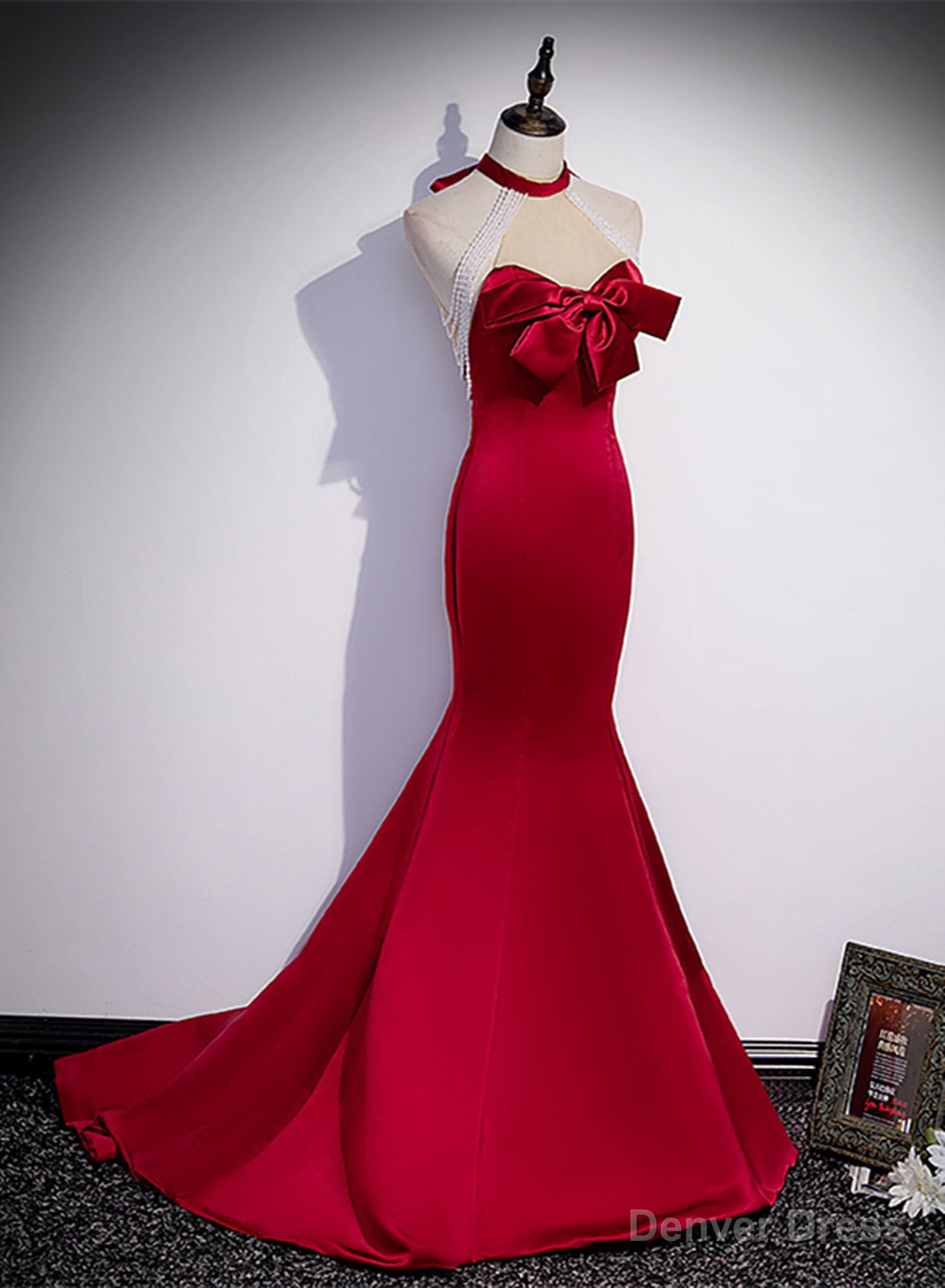 Red Mermaid Satin Long Prom Dress Prom Dress, Lace up Red Prom Dresses