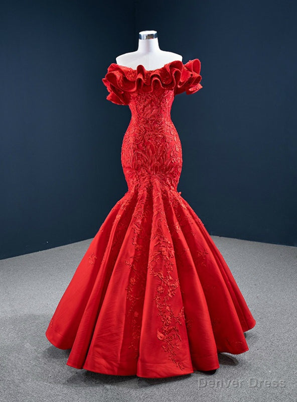 Red Mermaid Satin Off the Shoulder Appliques Ruffles Prom Dresses Main image