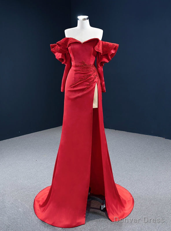 Red Mermaid Satin Off the Shoulder Long Sleeve Beading Prom Dresses Main image