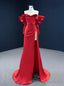 Red Mermaid Satin Off the Shoulder Long Sleeve Beading Prom Dresses