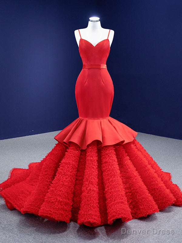 Red Mermaid Satin Tulle Spaghetti Straps Prom Dresses Main image