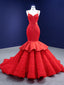 Red Mermaid Satin Tulle Spaghetti Straps Prom Dresses