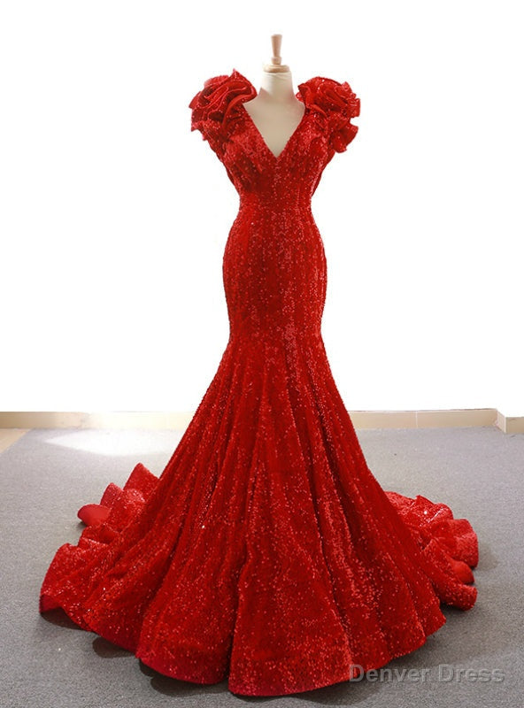Red Mermaid Sequins Deep V Neck Prom Dresses With Train