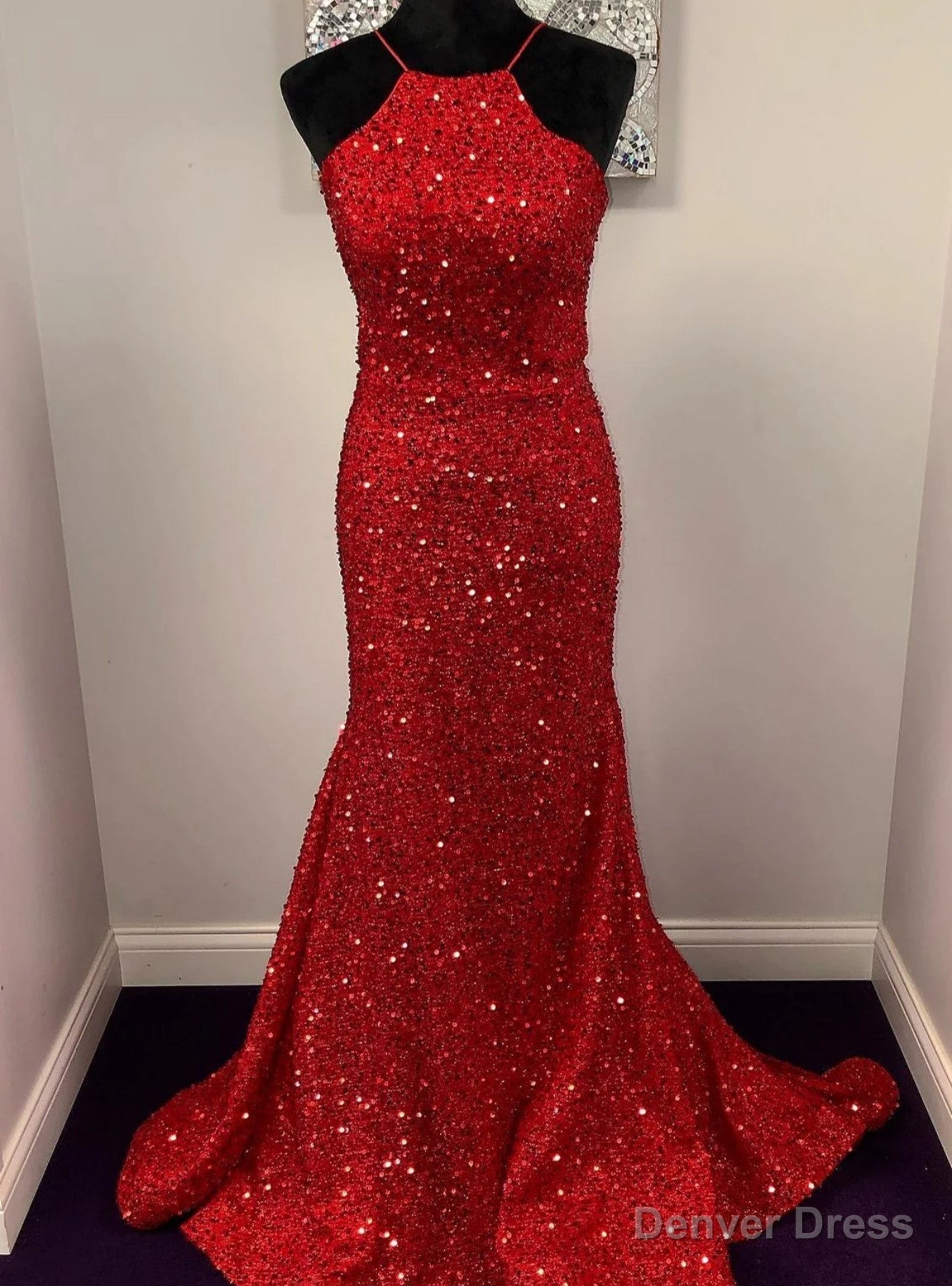 Red Mermaid Sequins Halter Backless Prom Dress Main image