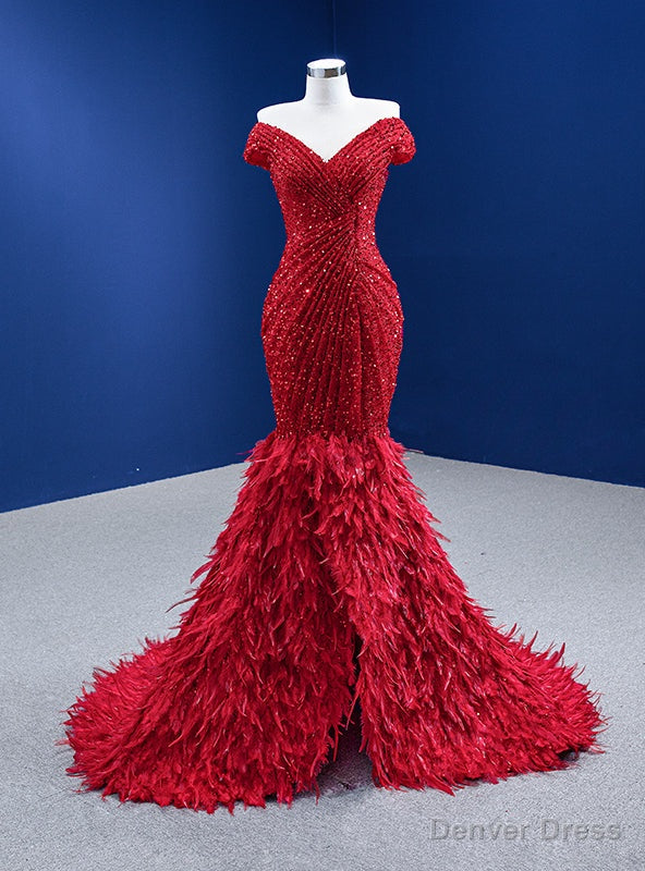Red Mermaid Sequins Off the Shoulder Feather Prom Dresses Main image