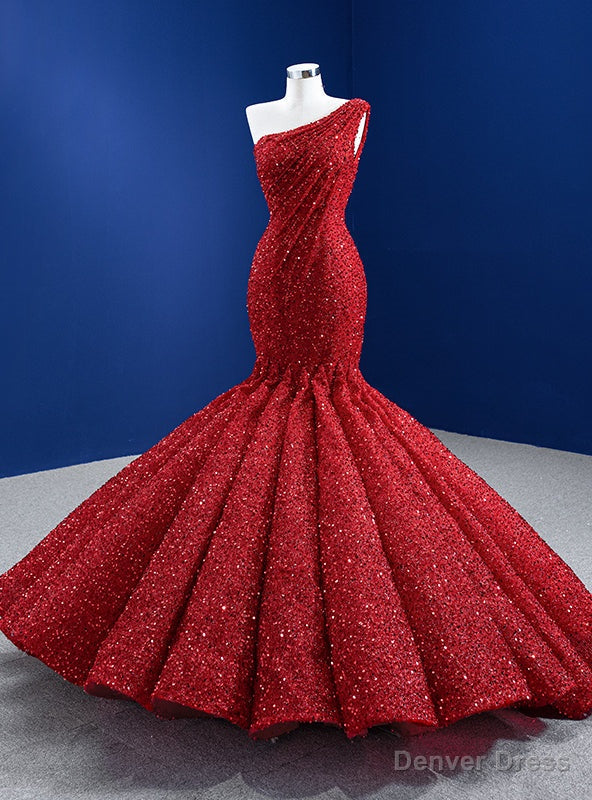Red Mermaid Sequins One Shoulder Prom Dresses Main image
