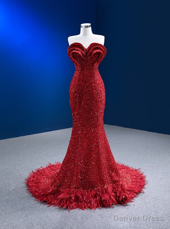 Red Mermaid Sequins Sweetheart Prom Dresses With Feather Main image