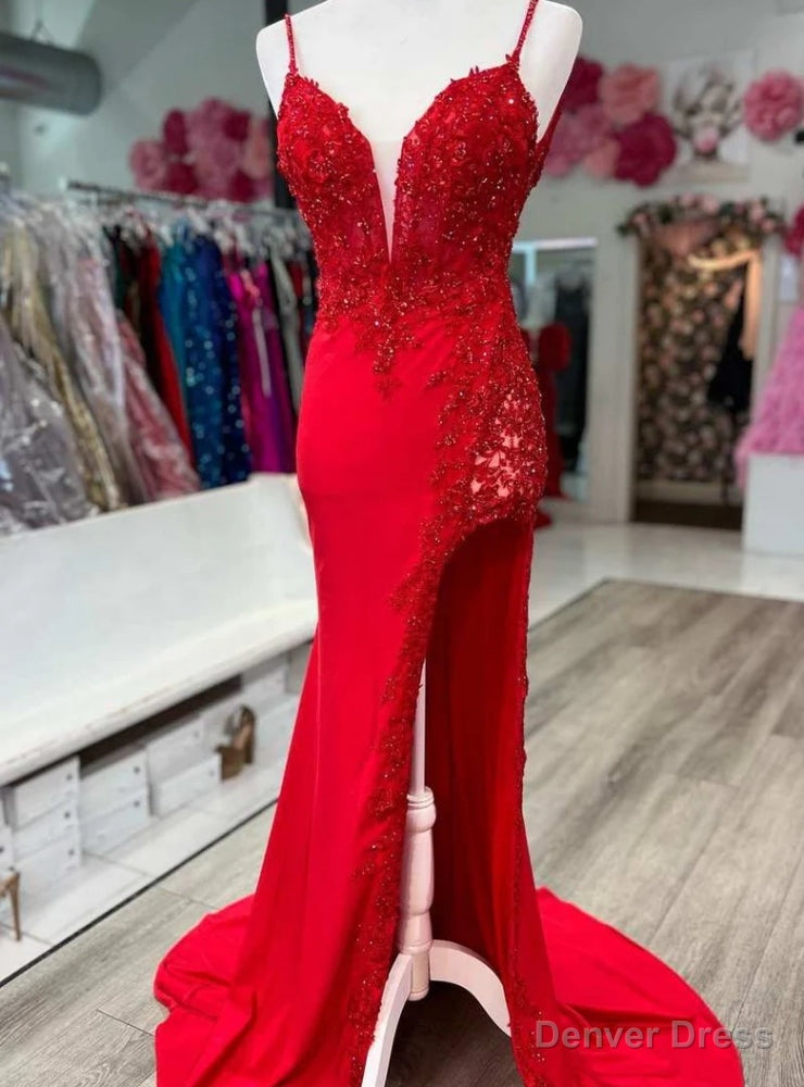Red Mermaid Spaghetti Straps Appliques Beading prom Dresses Main image