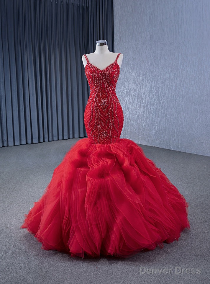 Red Mermaid Spaghetti Straps Beading Prom Dresses Main image