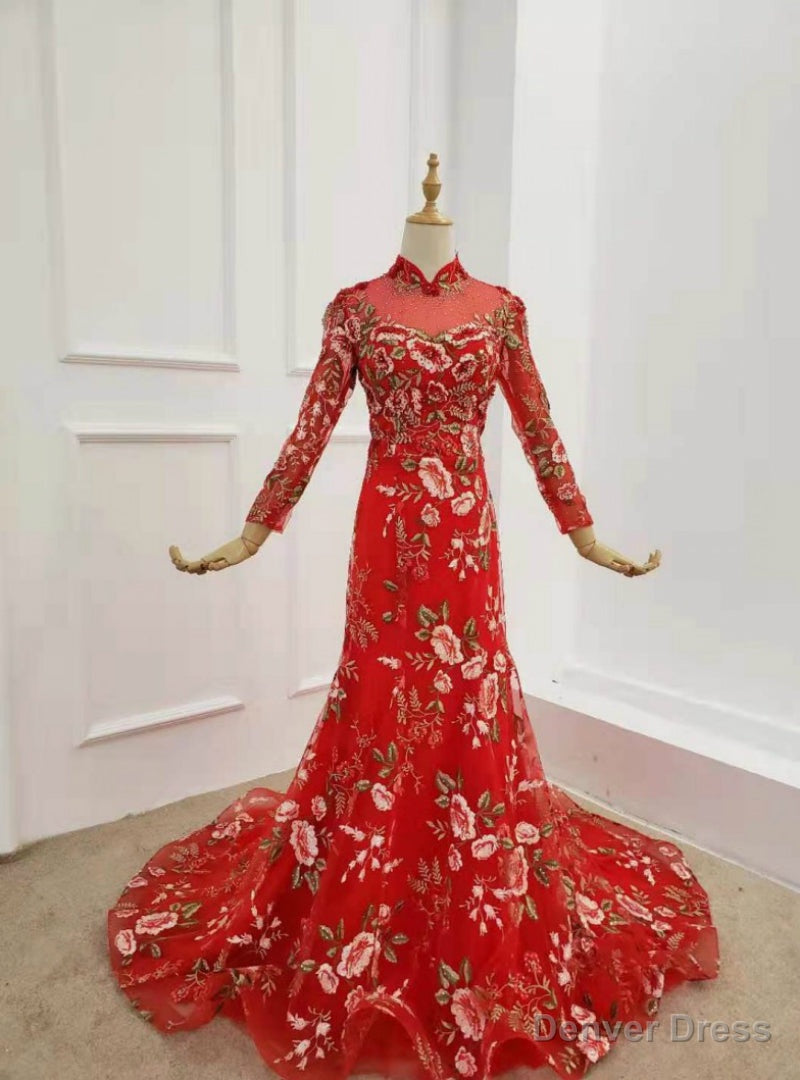 Red Mermaid Tulle Embrodiery Appliques Long Sleeve Prom Dresses Main image