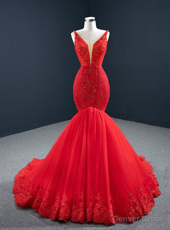 Red Mermaid Tulle Off the Shoulder Appliques Beading Prom Dresses Main image