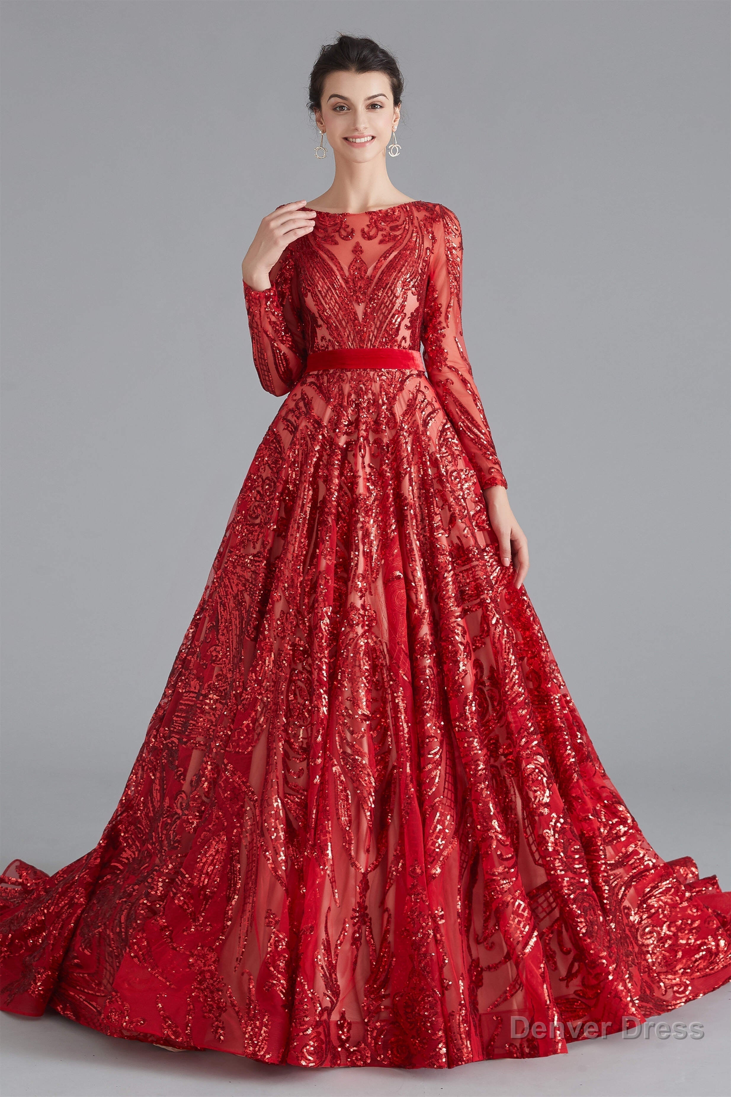 A Line Luxury Sequins Long Sleeve Backless Prom Dresses