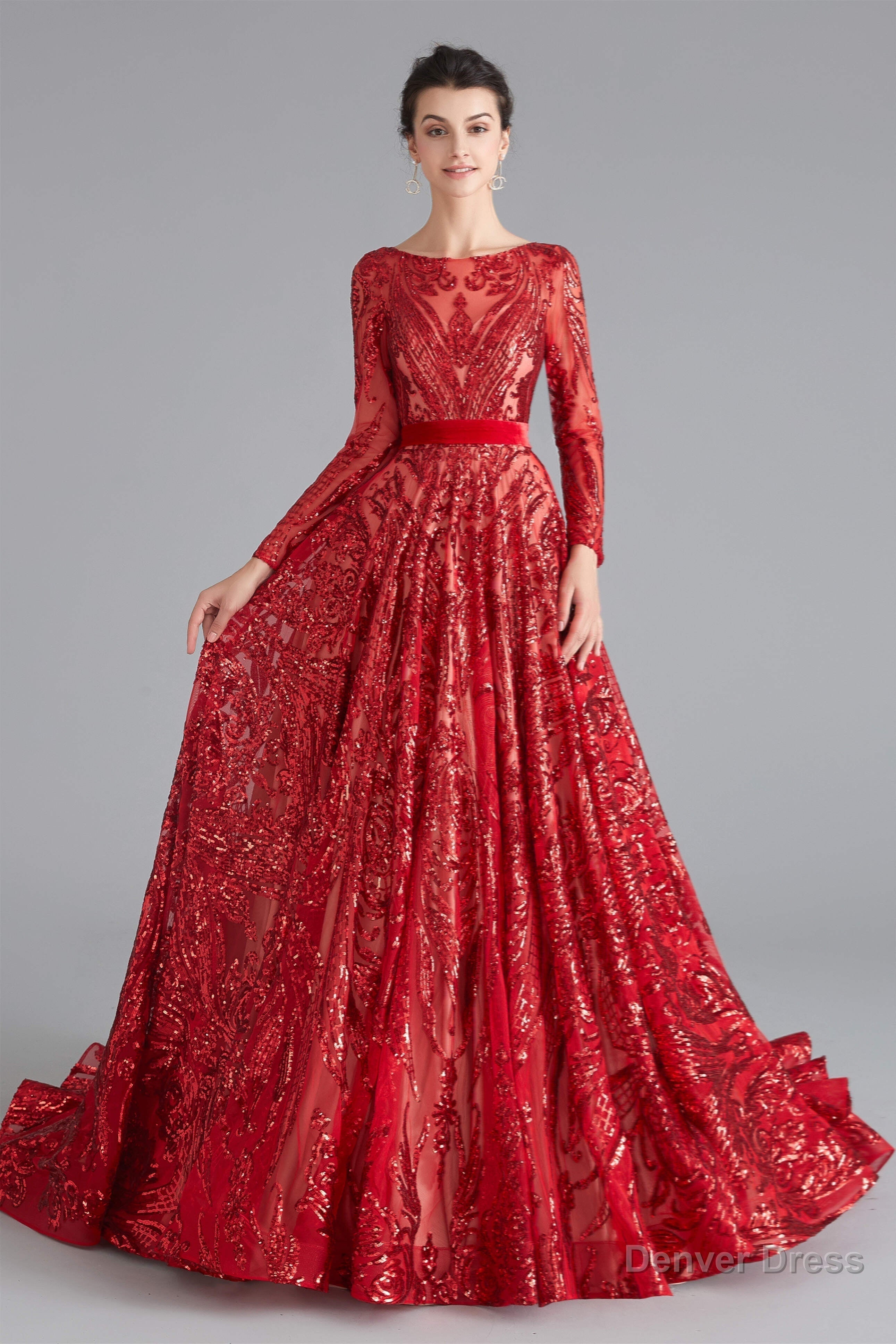 A Line Luxury Sequins Long Sleeve Backless Prom Dresses