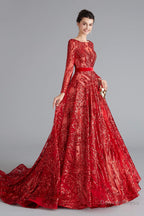 A-Line Luxury Sequins Long Sleeve Backless Prom Dresses