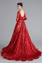 A Line Luxury Sequins Long Sleeve Backless Prom Dresses