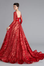 A Line Luxury Sequins Long Sleeve Backless Prom Dresses