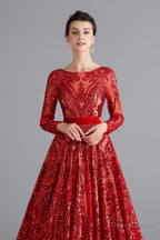 A Line Luxury Sequins Long Sleeve Backless Prom Dresses