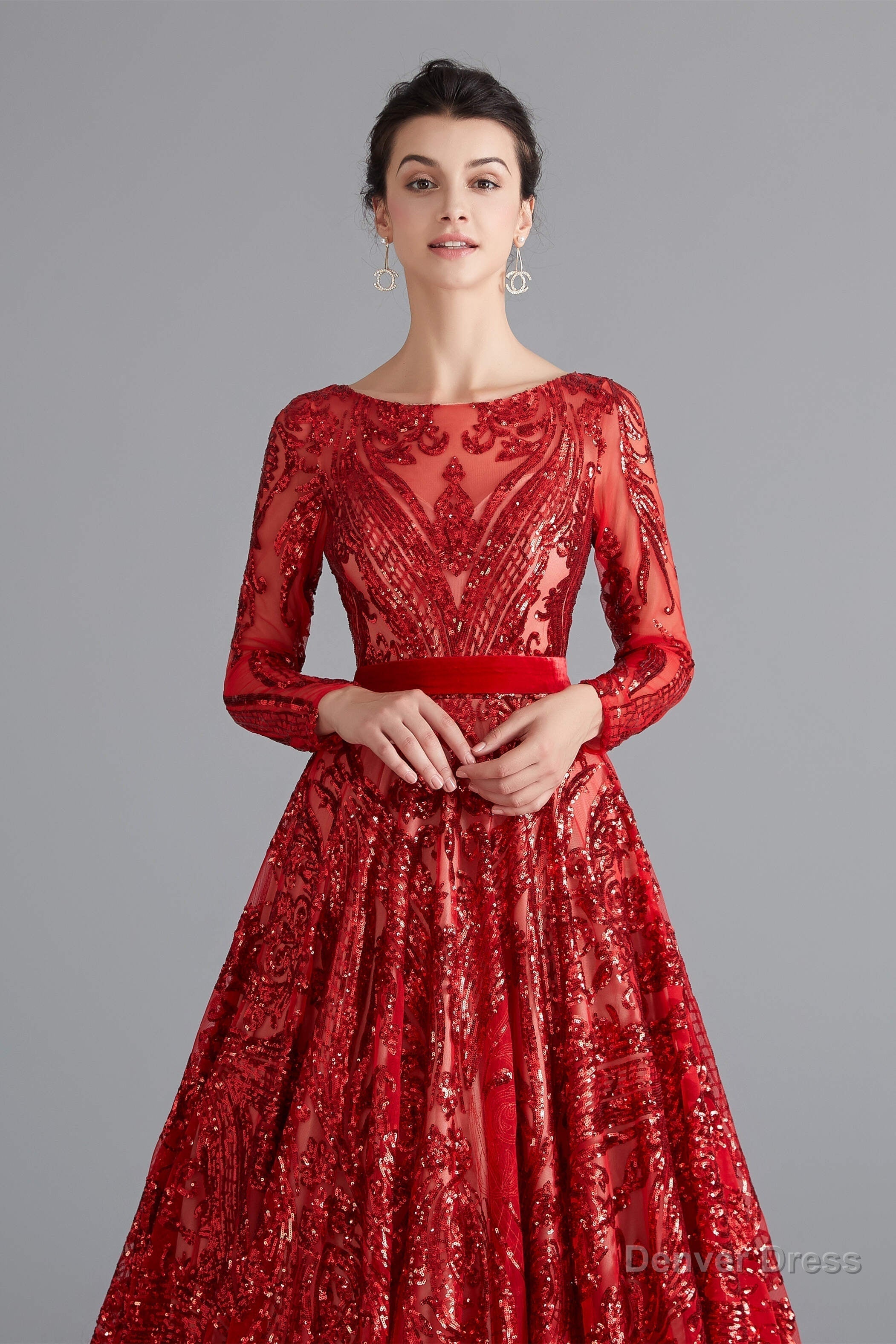 A Line Luxury Sequins Long Sleeve Backless Prom Dresses