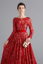 A Line Luxury Sequins Long Sleeve Backless Prom Dresses