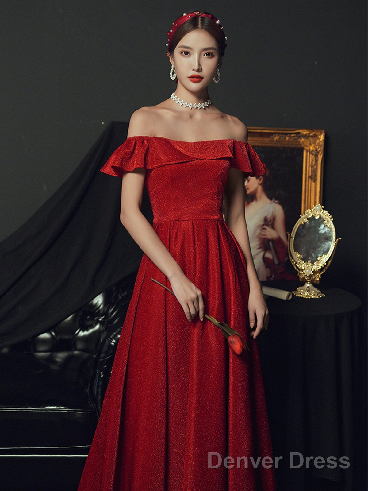 Red Off Shoulder A-Line Long Party Dress Formal Dress, Red Long Prom Dress Secondary image