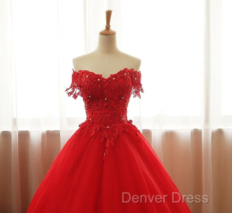Red Off Shoulder Long Prom Dress, A Line Tulle Prom Dresses Prom Gowns