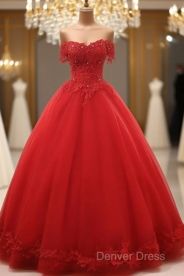 Red Off Shoulder Long Party Dresses, A-Line Tulle Evening Dresses Formal Gown