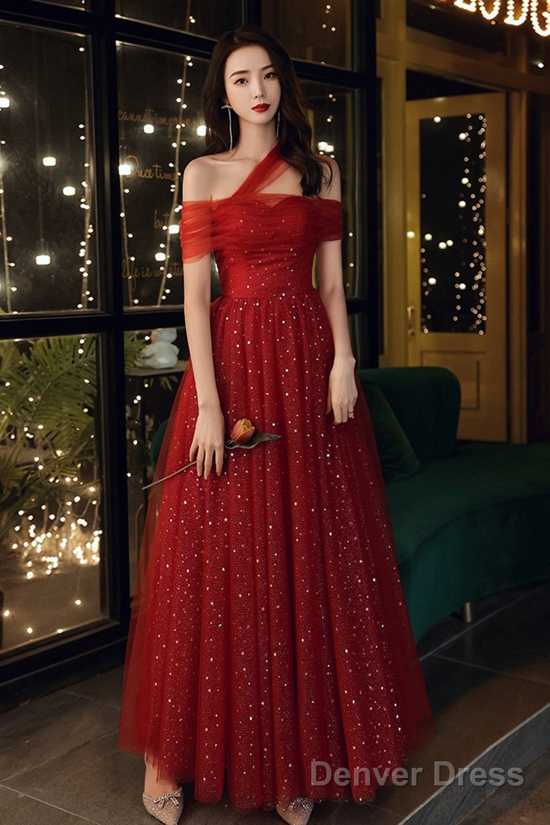 Red Off Shoulder Tulle Long Party Dress, Red A-Line Tulle Formal Dress Prom Dress Main image