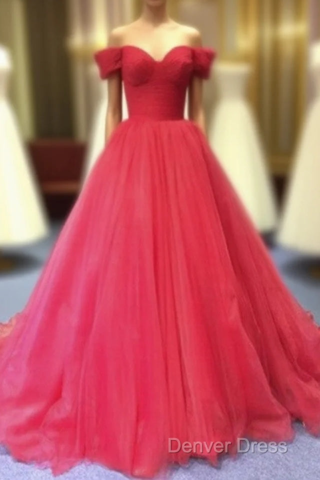 Red Off Shoulder Tulle Prom Gown, Sweet 16 Party Gown, Charming Red Formal Dresses Main image