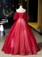 Red Off Shoulder Tulle Sweetheart Prom Dress, Red Ball Gowns Sweet 16 Dresses