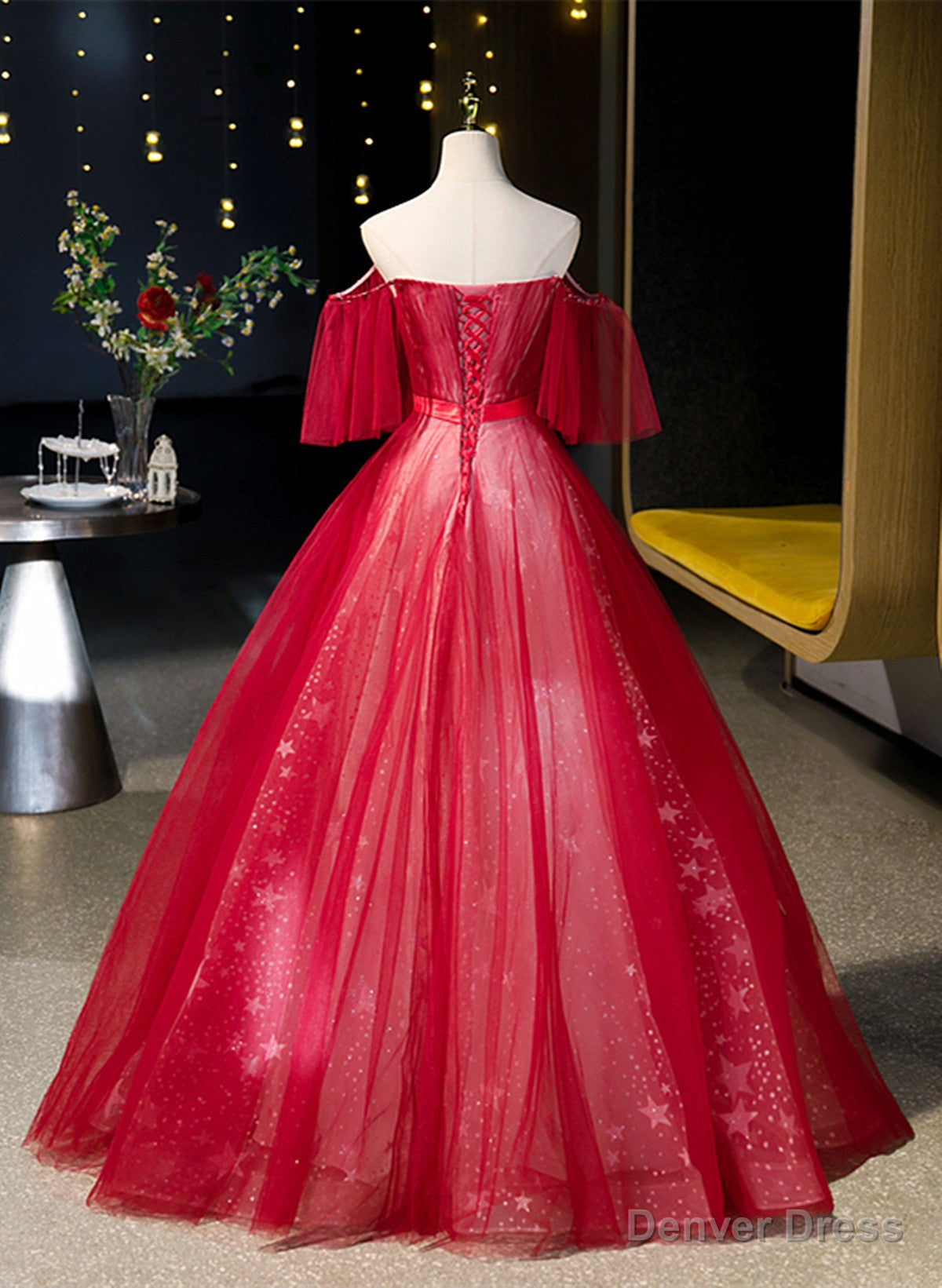 Red Off Shoulder Tulle Sweetheart Prom Dress, Red Ball Gowns Sweet 16 Dresses