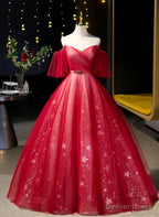 Red Off Shoulder Tulle Sweetheart Party Dress, Red Ball Gown Sweet 16 Dress