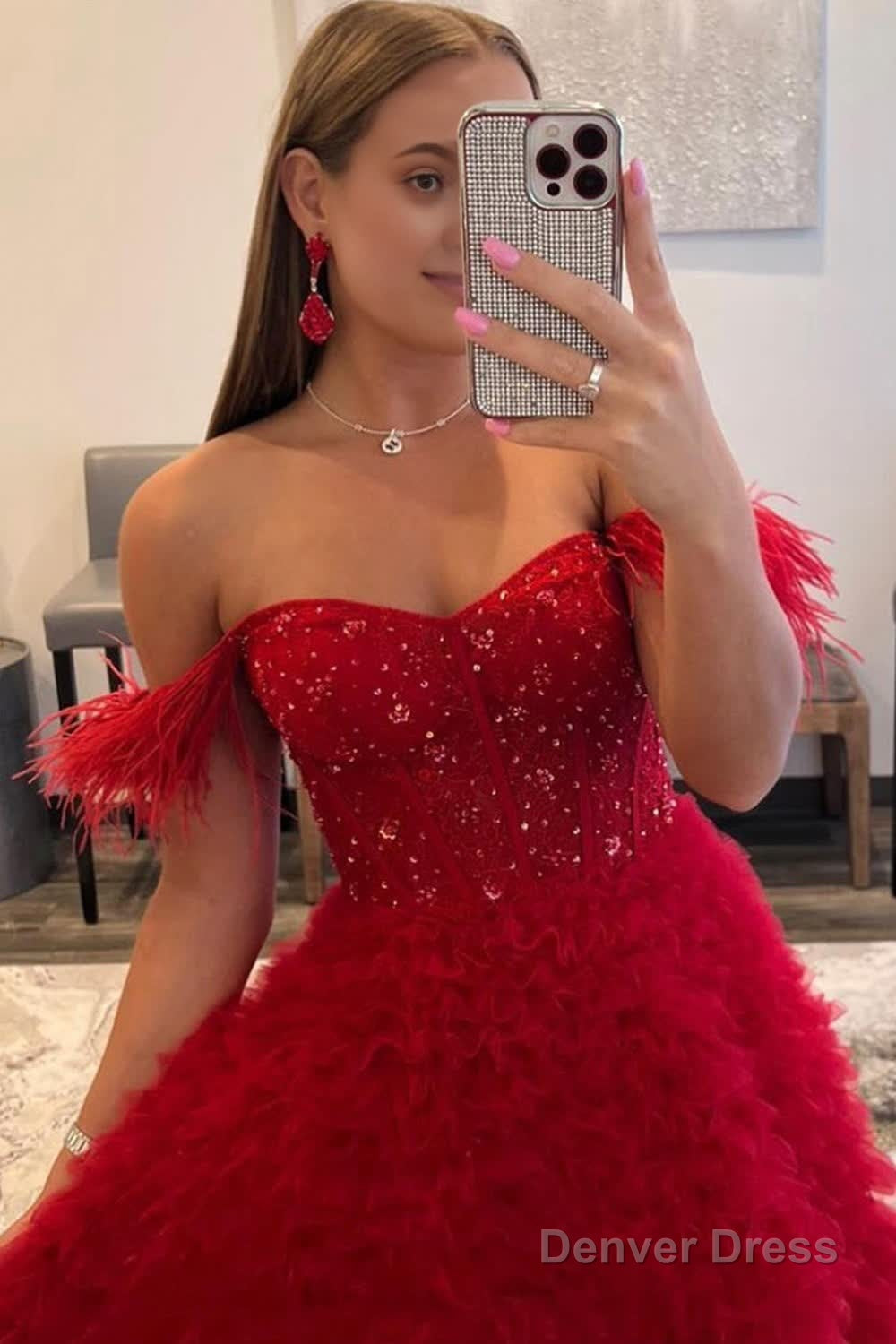 Red Off the Shoulder A Line Princess Prom Dresses
