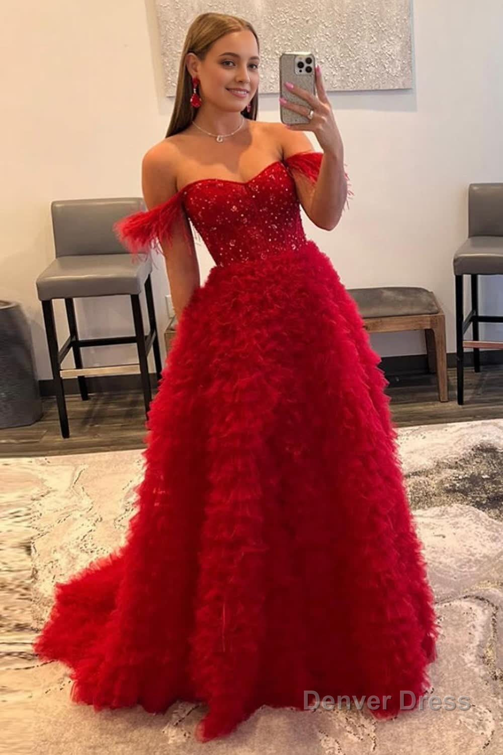 Red Off the Shoulder A Line Princess Prom Dresses