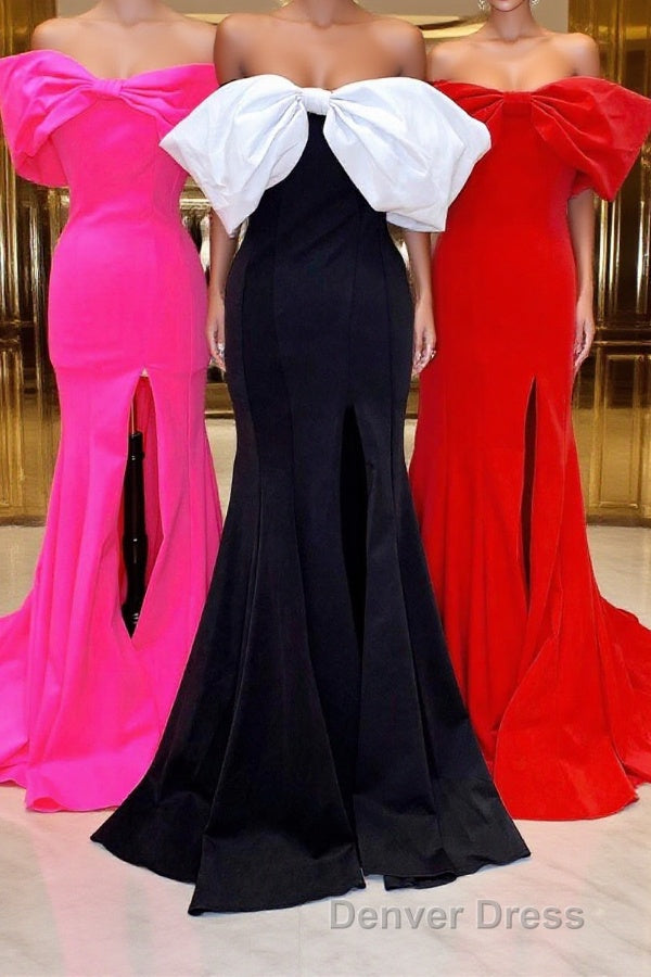 Red Off The Shoulder Bow Mermaid Prom Gowns with Slit Main image
