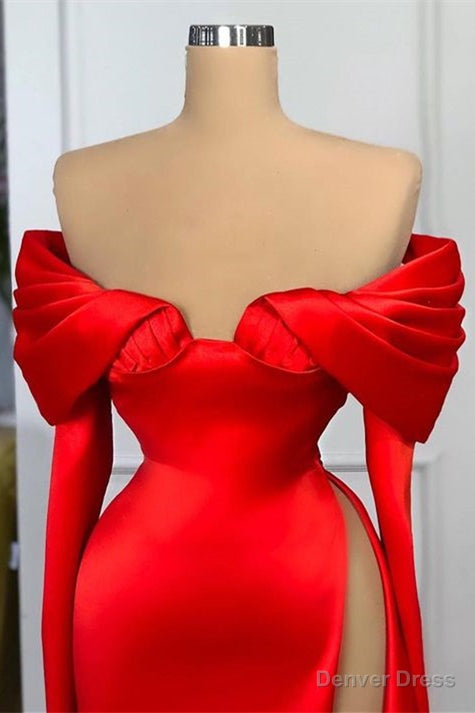 Red Off The Shoulder Long Sleeves Prom Dresses Mermaid With High Split Secondary image