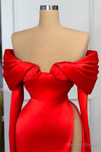 Red Off The Shoulder Long Sleeves Prom Dresses Mermaid With High Split