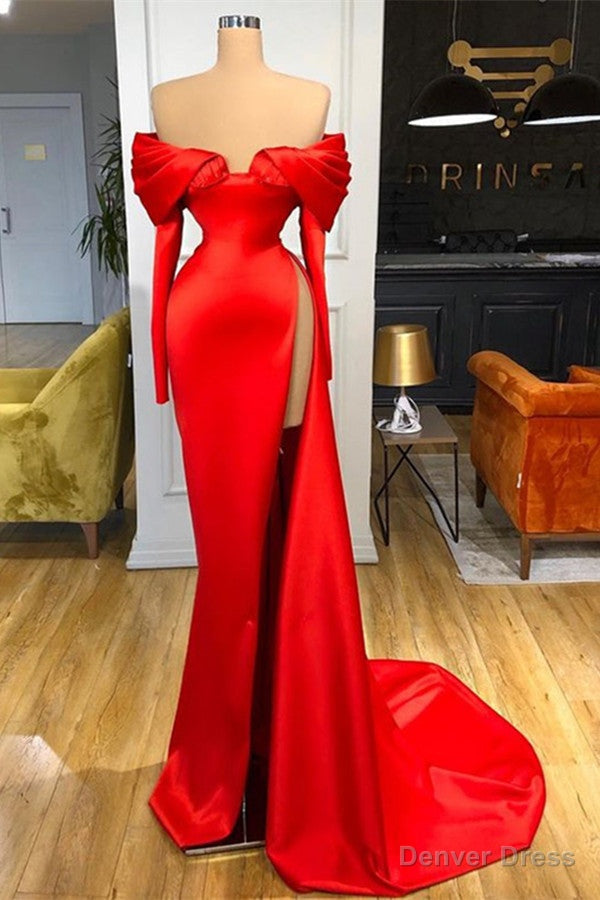 Red Off The Shoulder Long Sleeves Prom Dresses Mermaid With High Split Main image