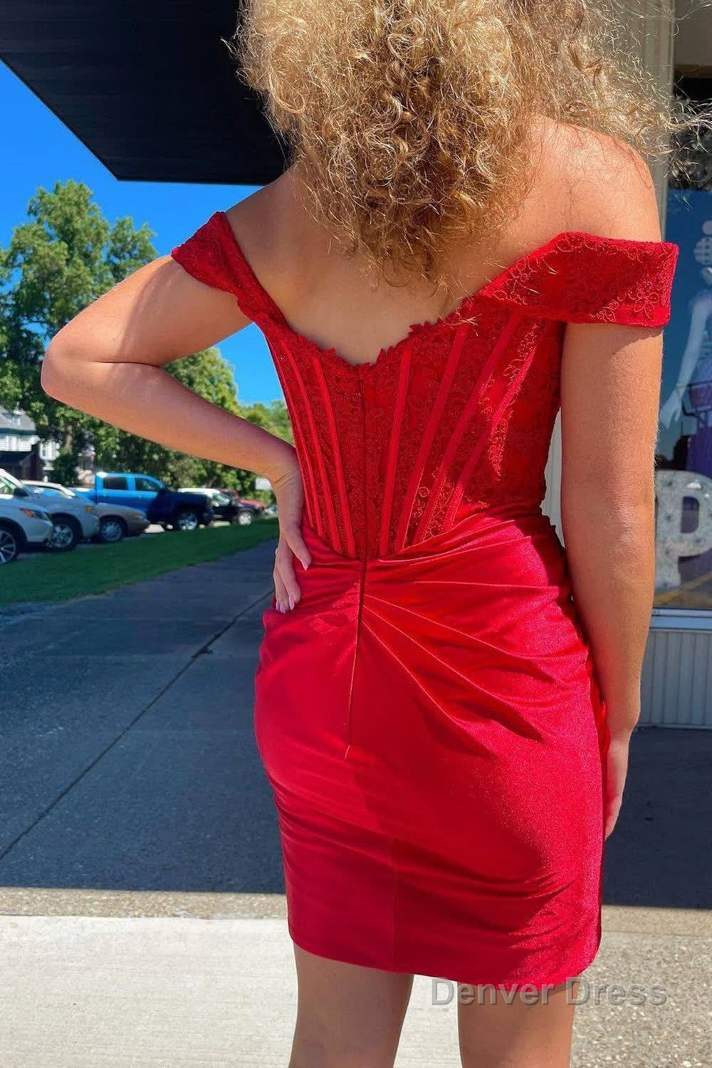 Red Off the Shoulder Tight Short Homecoming Dresses with Lace