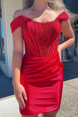 red off the shoulder tight short homecoming dress with lace