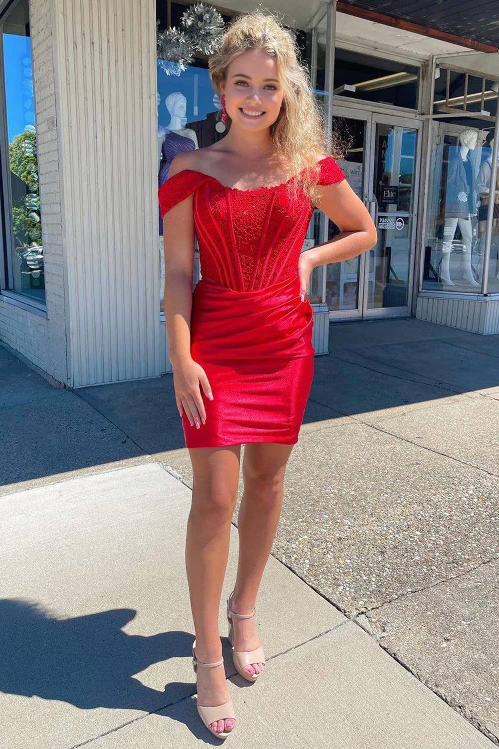 red off the shoulder tight short homecoming dress with lace