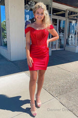 red off the shoulder tight short homecoming dress with lace