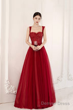 Red Off The Shoulder Tulle Long Formal Evening Dress, A-Line Sequins Party Dress