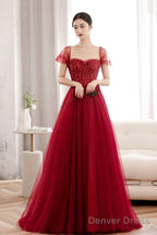 Red Off The Shoulder Tulle Long Formal Evening Dress, A-Line Sequins Party Dress