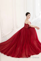 Red Off The Shoulder Tulle Long Formal Evening Dress, A-Line Sequins Party Dress