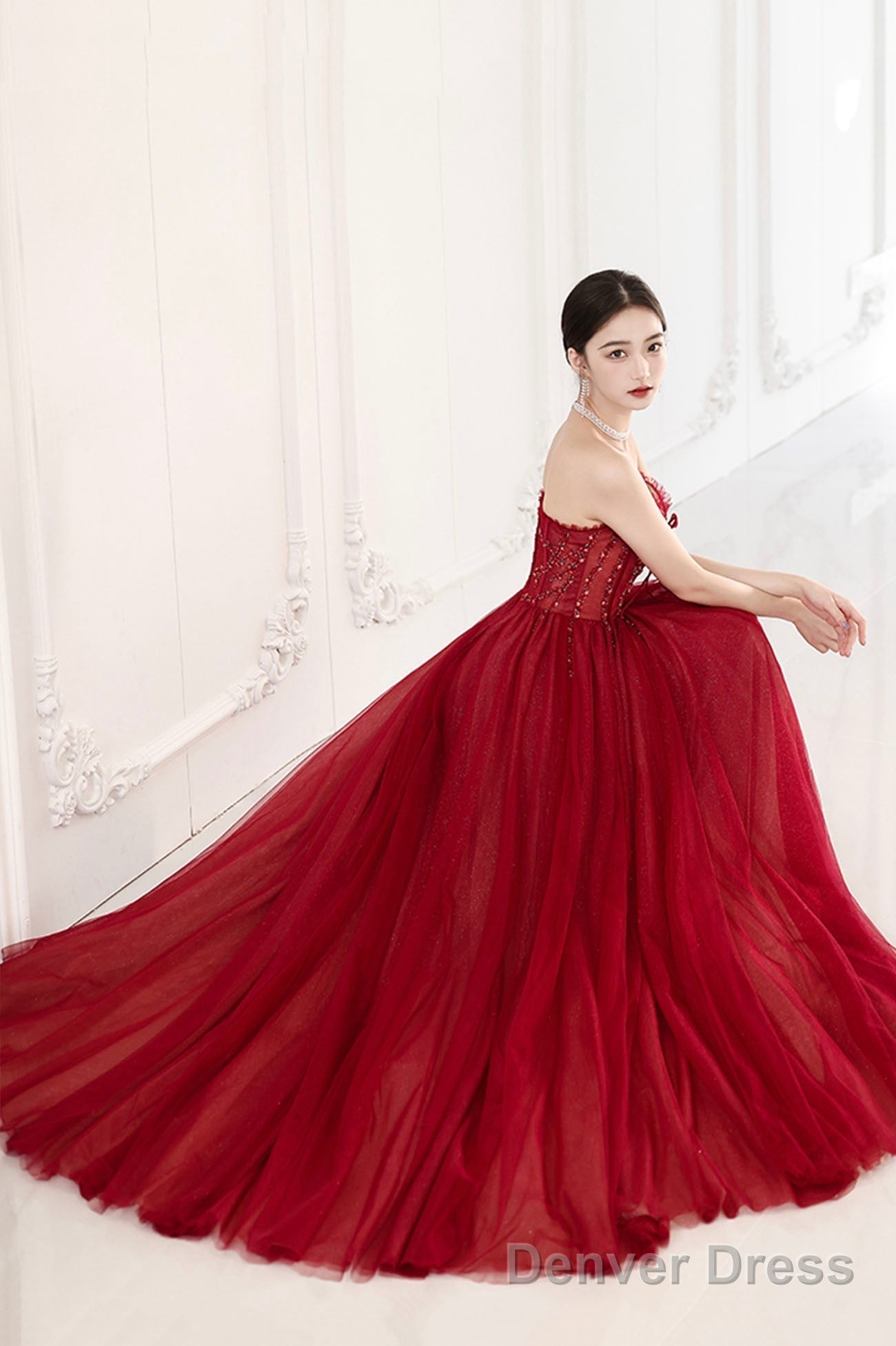 Red Off The Shoulder Tulle Long Prom Dress, A-Line Sequins Prom Dresses