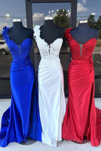 Red One Shoulder 3D Floral Lace Pleated Long Gowns with Slit