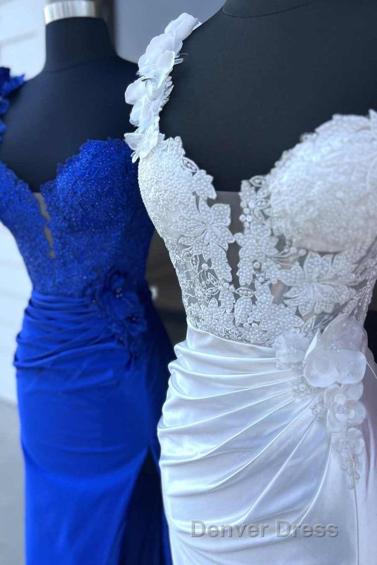 Red One Shoulder 3D Floral Lace Pleated Long Gowns with Slit