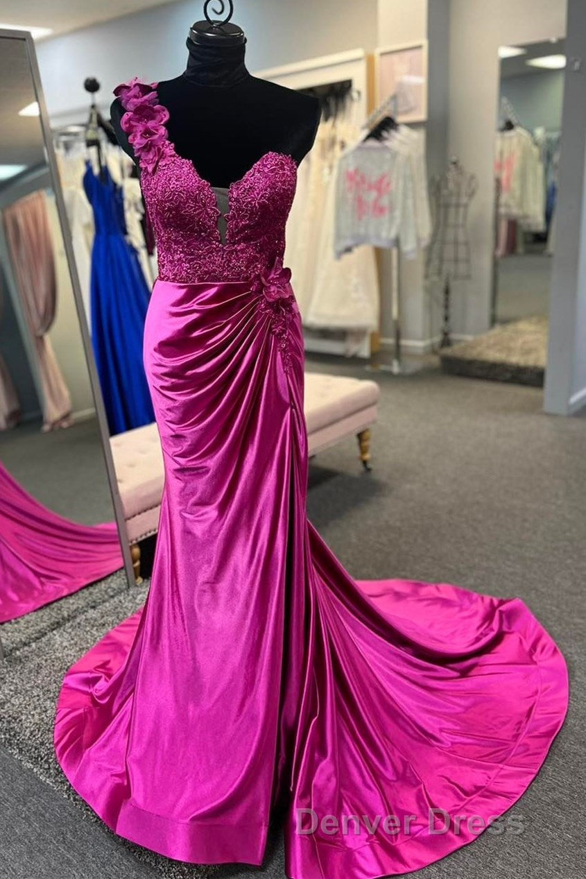 Red One Shoulder 3D Floral Lace Pleated Long Gowns with Slit