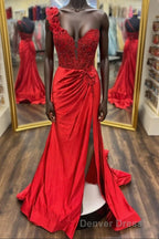 Red One-Shoulder 3D Floral Lace Pleated Long Gown with Slit